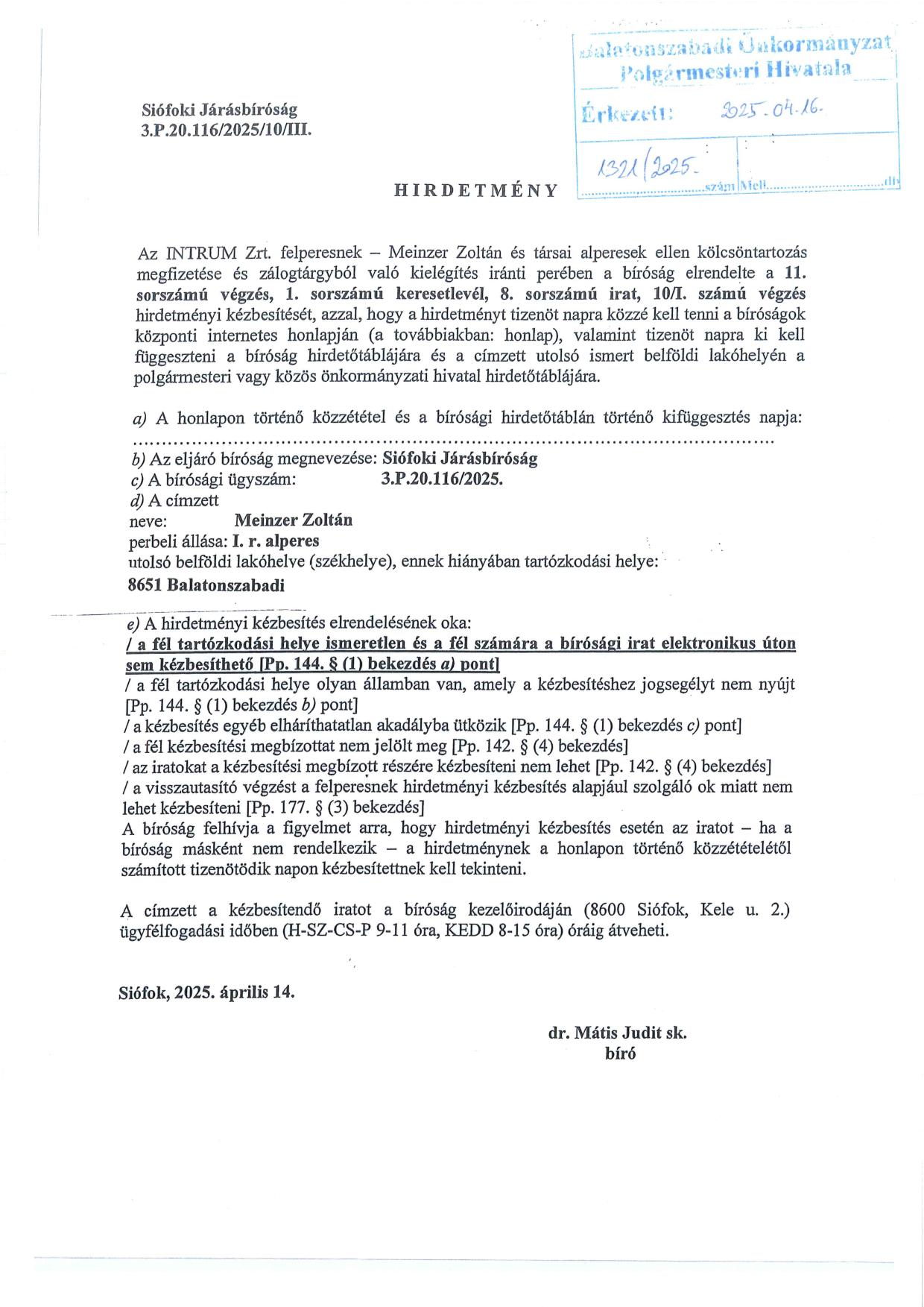 Bírósági hirdetmény 1321 2025 1
