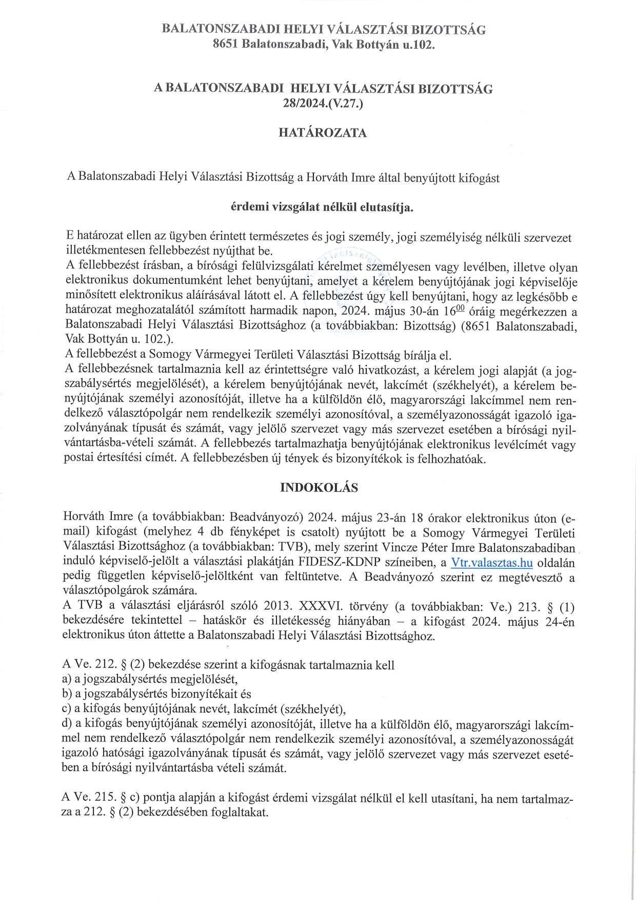 Balatonszabadi Helyi Választási Bizottság 282024.(V.27.) határozata 1